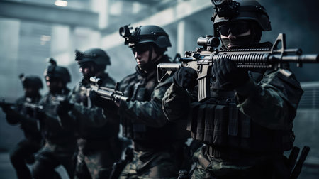 Soldiers with weapons in trainingの素材