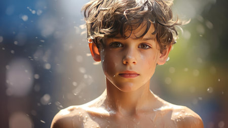 A boy runs at a training session on the streetの素材