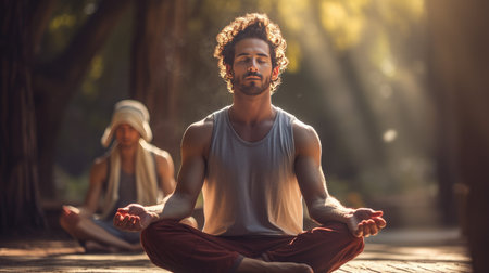 Man doing yoga in natureの素材
