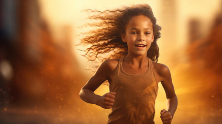 A girl runs at a training session on the streetの素材
