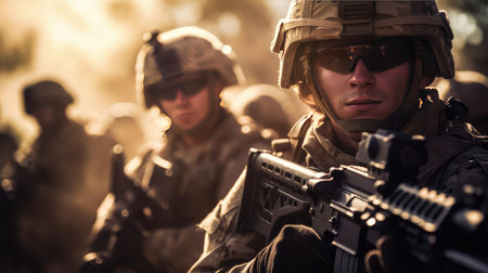 Soldiers with weapons in trainingの素材