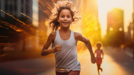A girl runs at a training session on the streetの素材