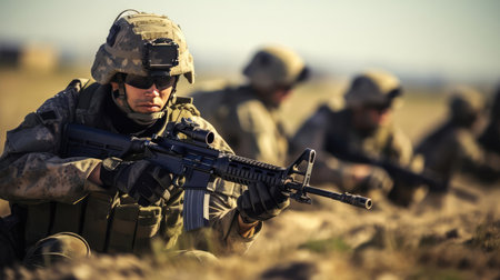 Soldiers with weapons in trainingの素材