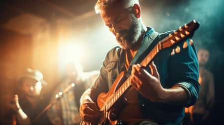 Musician with guitars singing at concertの素材