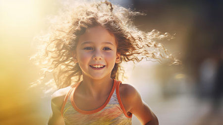 A girl runs at a training session on the streetの素材