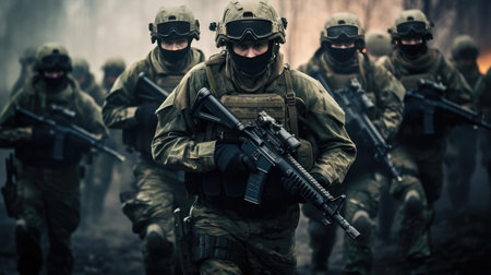 Soldiers with weapons in trainingの素材