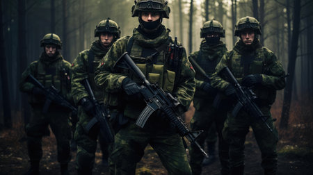 Soldiers with weapons in trainingの素材
