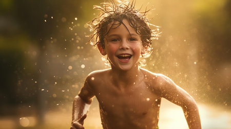A boy runs at a training session on the streetの素材