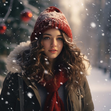 Beautiful young woman outdoors in winterの素材