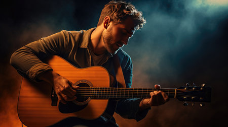 Musician with guitars singing at concertの素材