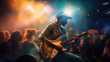 Musician with guitars singing at concertの素材