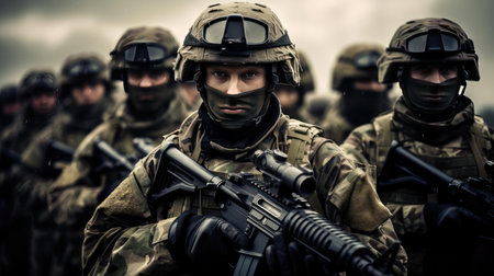 Soldiers with weapons in trainingの素材