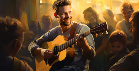 Musician with guitars singing at concertの素材