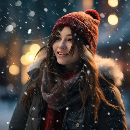 Beautiful young woman outdoors in winterの素材