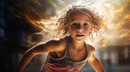 A girl runs at a training session on the streetの素材