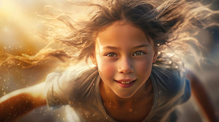 A girl runs at a training session on the streetの素材