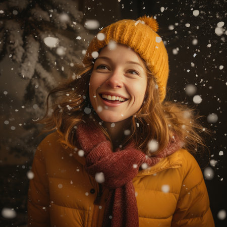 Beautiful young woman outdoors in winterの素材