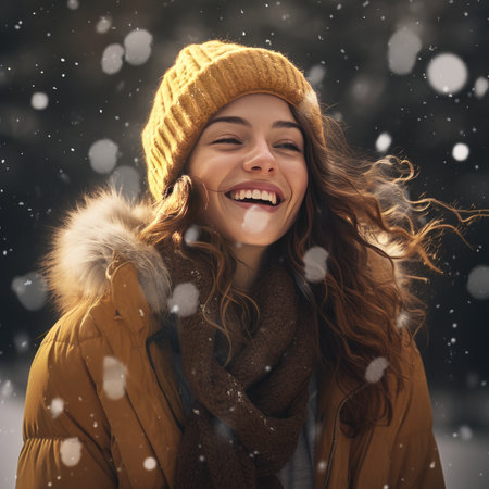 Beautiful young woman outdoors in winterの素材