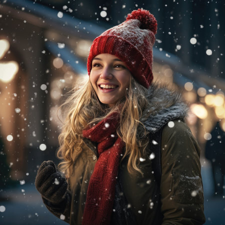Beautiful young woman outdoors in winterの素材