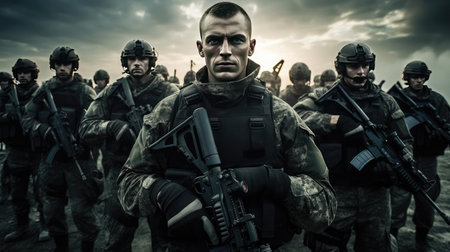 Soldiers with weapons in trainingの素材