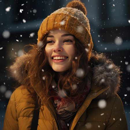 Beautiful young woman outdoors in winterの素材