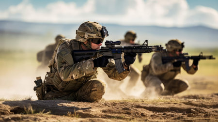 Soldiers with weapons in trainingの素材