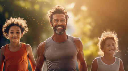 A family run at a training session on the streetの素材