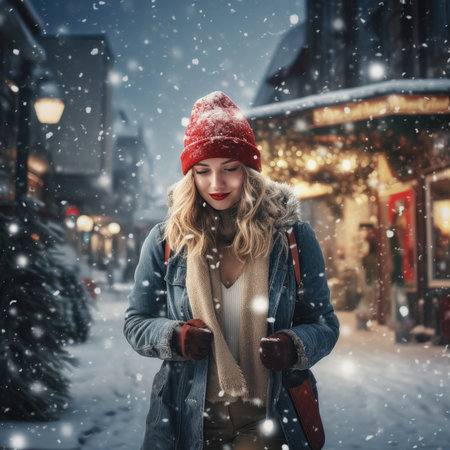Beautiful young woman outdoors in winterの素材