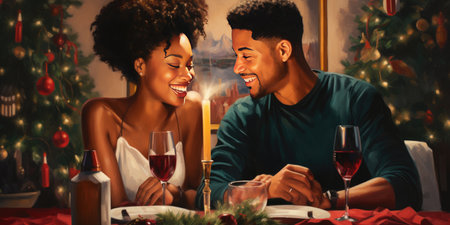 Black couple at holiday dinnerの素材