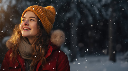 Beautiful young woman outdoors in winterの素材