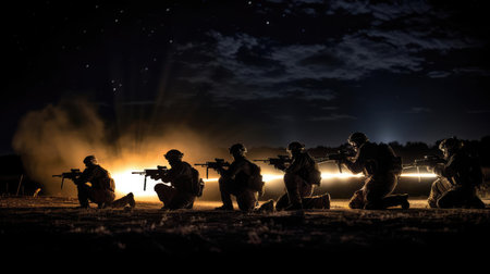 A group of military with weapons training at nightの素材