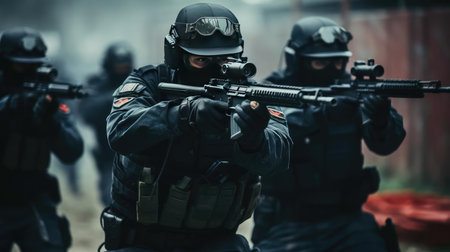 A group of soldiers with weapons trainingの素材