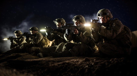 A group of military with weapons training at nightの素材