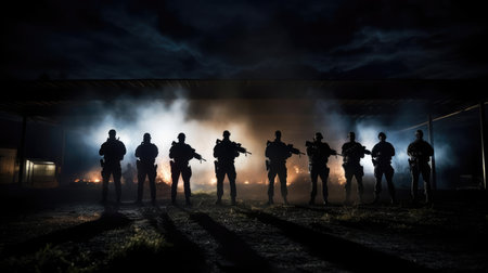 A group of military with weapons training at nightの素材