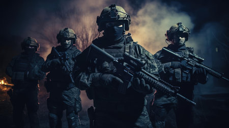 A group of military with weapons training at nightの素材