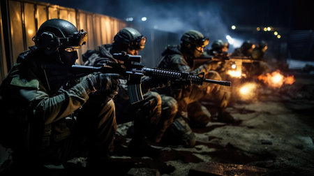 A group of military with weapons training at nightの素材