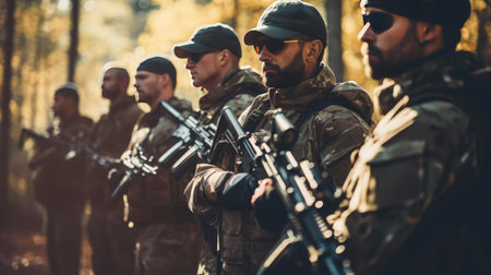 A group of soldiers with weapons trainingの素材