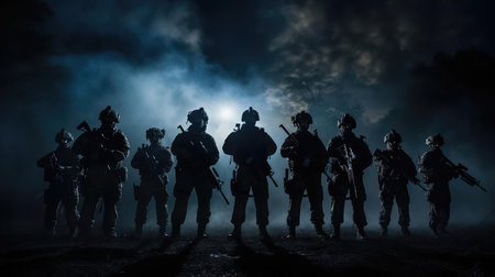 A group of military with weapons training at nightの素材