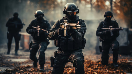 A group of soldiers with weapons trainingの素材