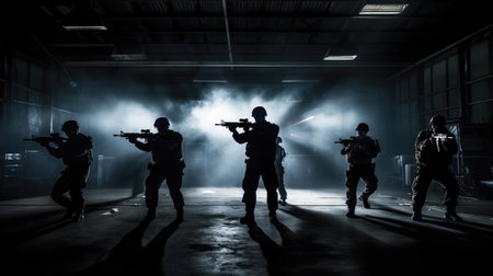 A group of military with weapons training at nightの素材