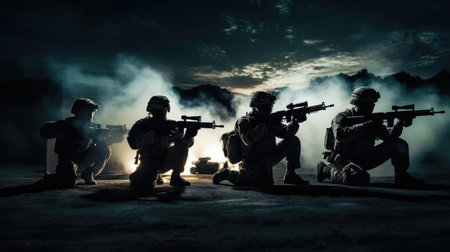 A group of military with weapons training at nightの素材