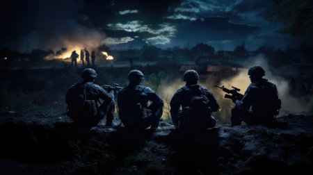 A group of military with weapons training at nightの素材