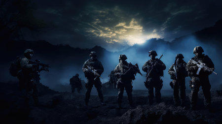 A group of military with weapons training at nightの素材