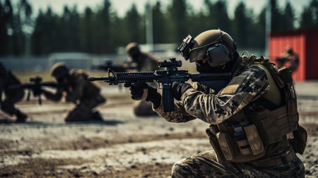 A group of soldiers with weapons trainingの素材