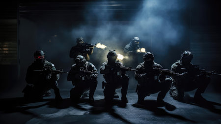 A group of military with weapons training at nightの素材