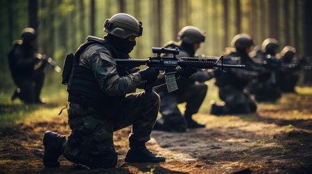 A group of soldiers with weapons trainingの素材