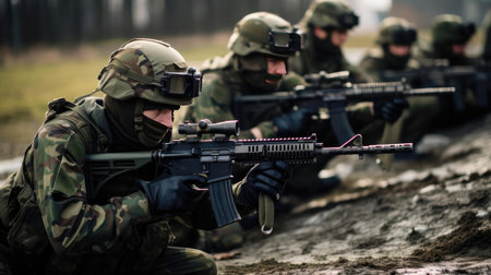 A group of soldiers with weapons trainingの素材