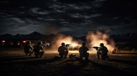 A group of military with weapons training at nightの素材