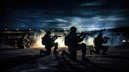 A group of military with weapons training at nightの素材