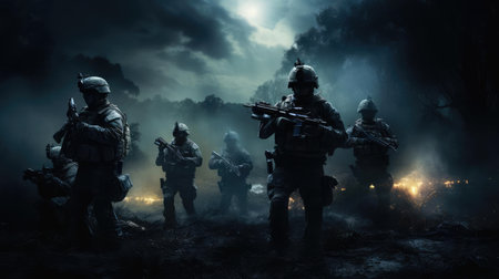 A group of military with weapons training at nightの素材